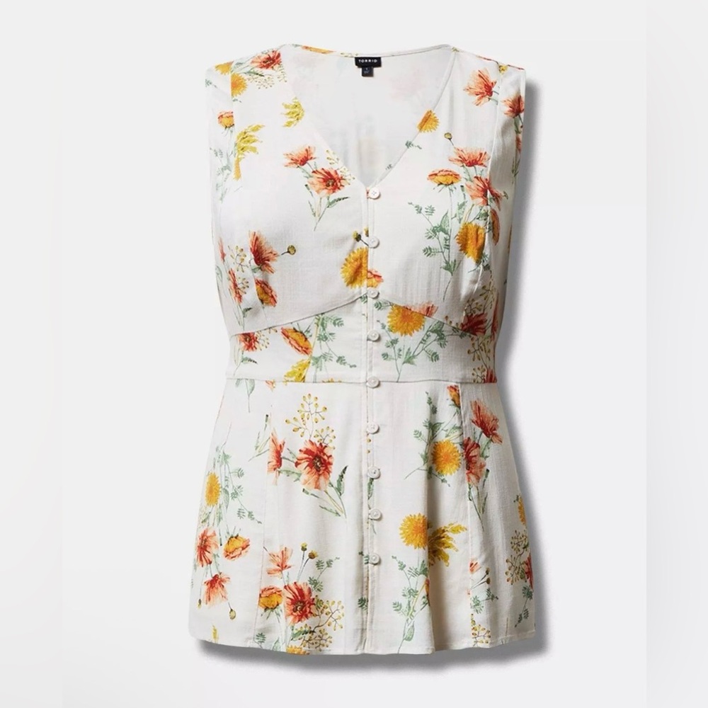 Rayon Slub Button Up With Waist Detail Tank Warm Sunset Floral torrid 3 blouse